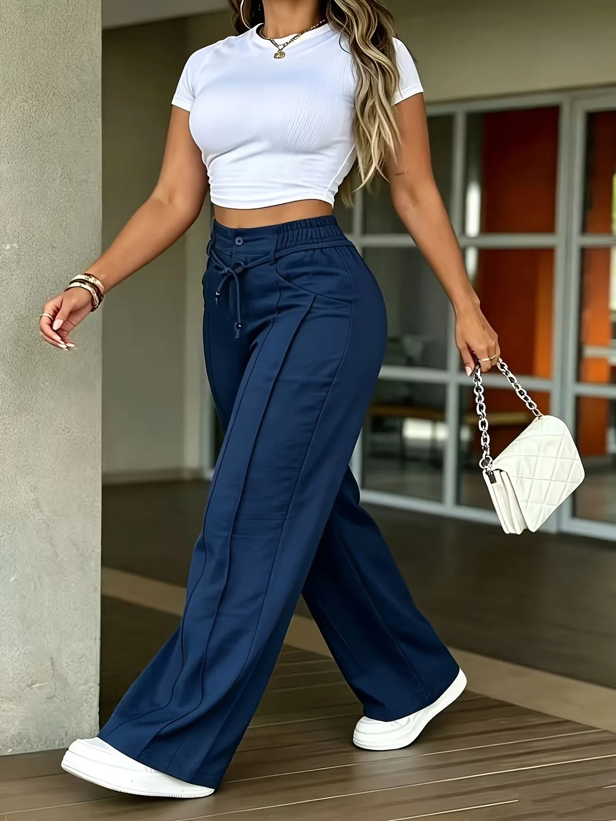 High Waist Solid Color Wide Leg Pants Autumn Chic Loose Elegant Lace-up Long Pant Office Ladies Straight Holiday Women Trousers