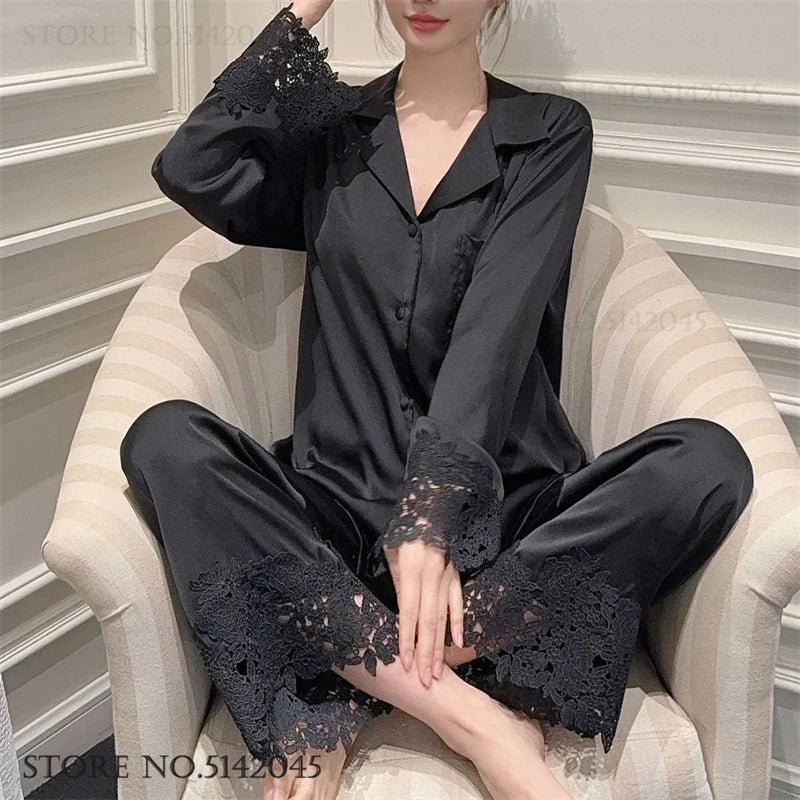 Luxury Women Pajamas Set Night Wear Elegant White Silk Satin Lace Sleepwear Trouser Suit Home Clothes Loose Casual Loungewear