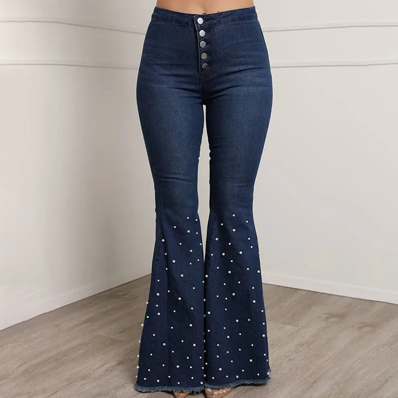Denim Flare Pants Women Washed Jeans High Waist Slim Fit Pockets Embroidered Flares Vintage Trousers Full Length Casual Denims
