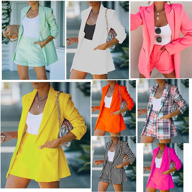 2026 Elegant Two Piece Blazer Suit Sets Women OL Office Sets Slim Cardigan Blazer Shorts Solid 2 Piece Set Casual Blazers Set
