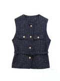 KONDALA Vintage Belt Twist Waistcoats Women O Neck Sleeveless Gold Button Vest Fashion 2025 Spring Summer Office Lady Blazer Top
