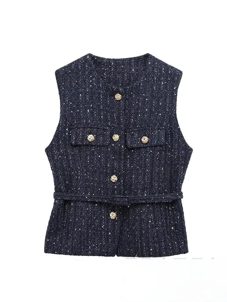 KONDALA Vintage Belt Twist Waistcoats Women O Neck Sleeveless Gold Button Vest Fashion 2025 Spring Summer Office Lady Blazer Top