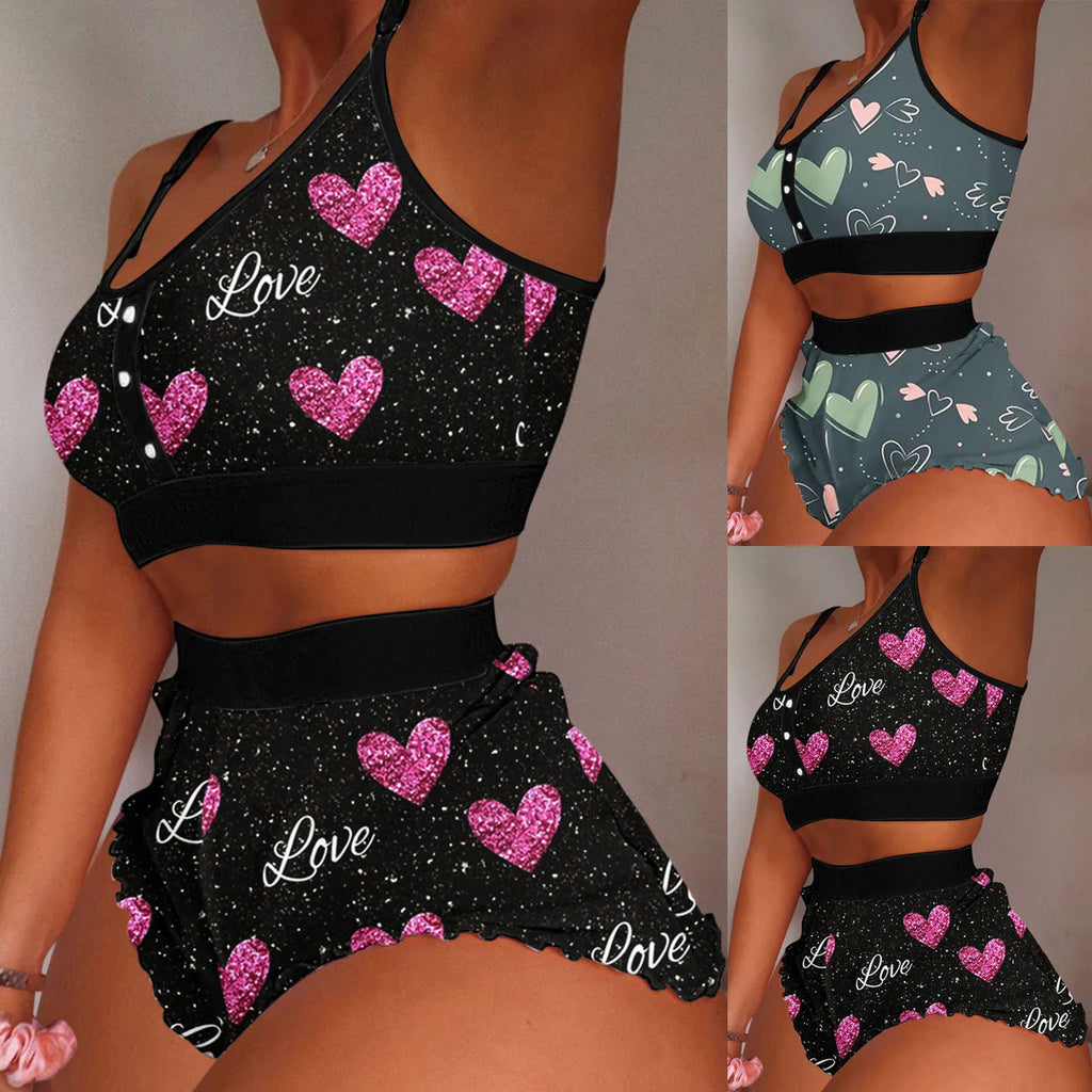 Women Sexy Printing Pajamas Sleeveless Shorts Lingerie Sleepwear Set Women Swimsuits