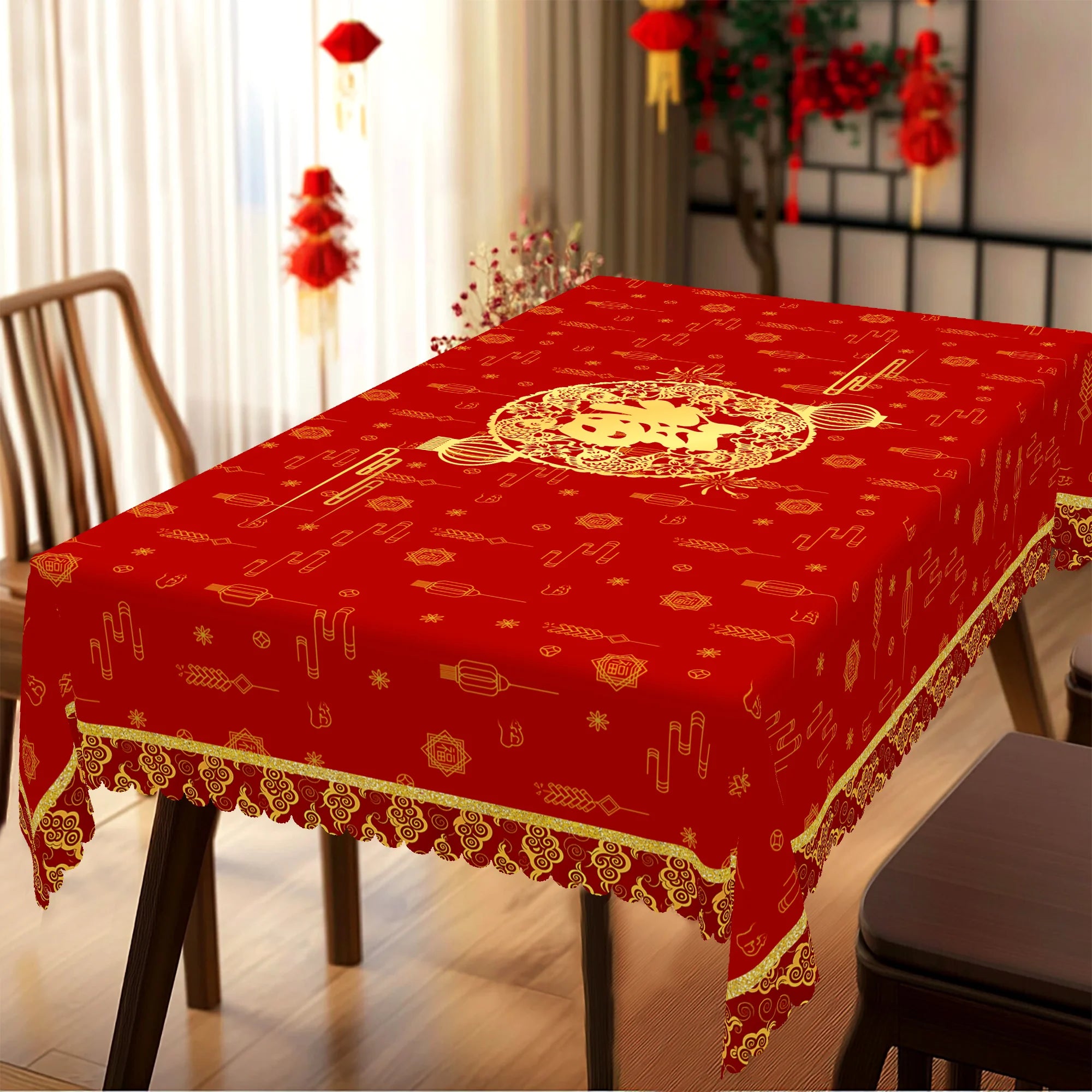 1 Piece of Chinese Spring Festival Red Round Tablecloth, Available in 5 Sizes, Auspicious Fortune Character Lanterns and Double Fish Gold-Printed Round Tablecloth, Embossed Edge Craftsmanship, Spring Festival Home Dining Tabl