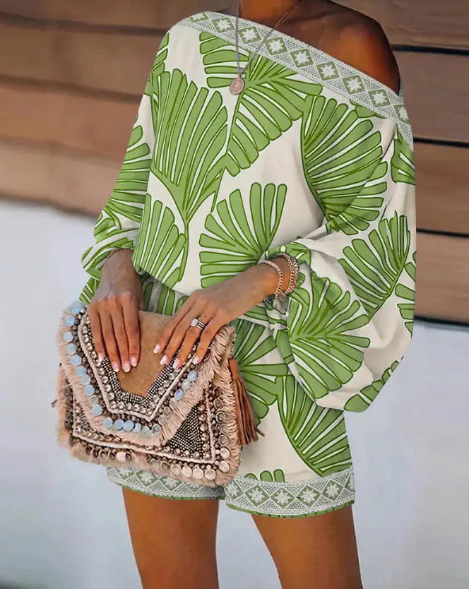 Two Piece Set Women Outfit 2026 Spring New Fashion Print Lantern Sleeve Slanted Collar Loose Top & Elastic Waist Shorts Set