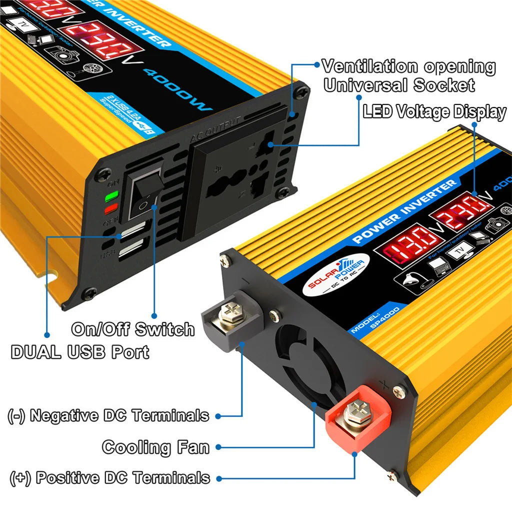 [Hot Sale] 4000W Power Inverter 12V to 220V/110V with USB Port – Solar/Car/Home Use, Pure Sine Wave for LED Display, RV, Camping