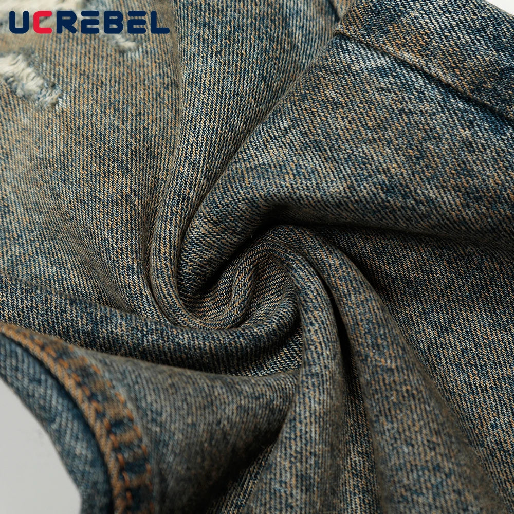 Ripped Straight Jeans Mens Retro High Street Washed Distressed Baggy Wide Leg Trousers Men