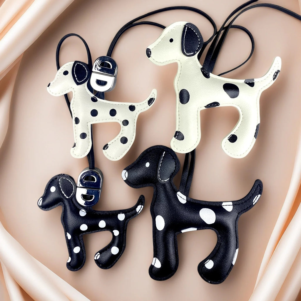 Trendy Dalmatian Dog Pendant Bag Charm & Keychain in Black/White Faux Leather Polka Dot Design for Purse Accessories Lovely Gift