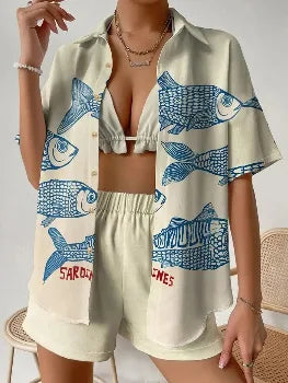 Fashion Print Beach Holiday Set For Women Summer New Short Sleeve Buttoned Shirt Wide Legs Shorts Oversized Two Piece Set