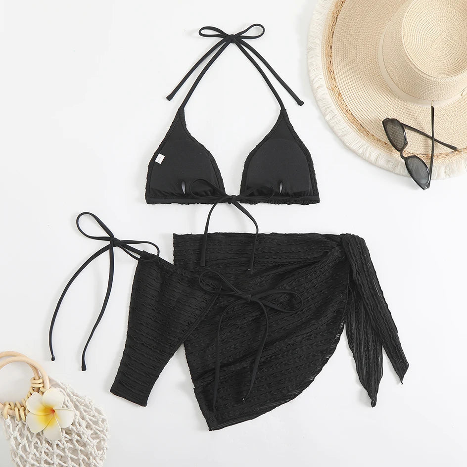 Sexy 3 Pieces Bikini Women Swimsuit 2025 Summer Halter Triangle Swimwear Bottom Bikinis Sets Beach Cover Up Female Bathing Suits