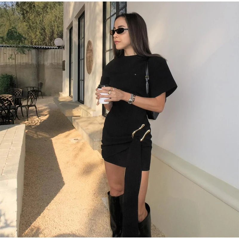Elegant Mini Dress Woman Ribbons Slim O-neck Short Sleeve Above Knee Dresses Female Spring Summer Party Robe Lady High Street