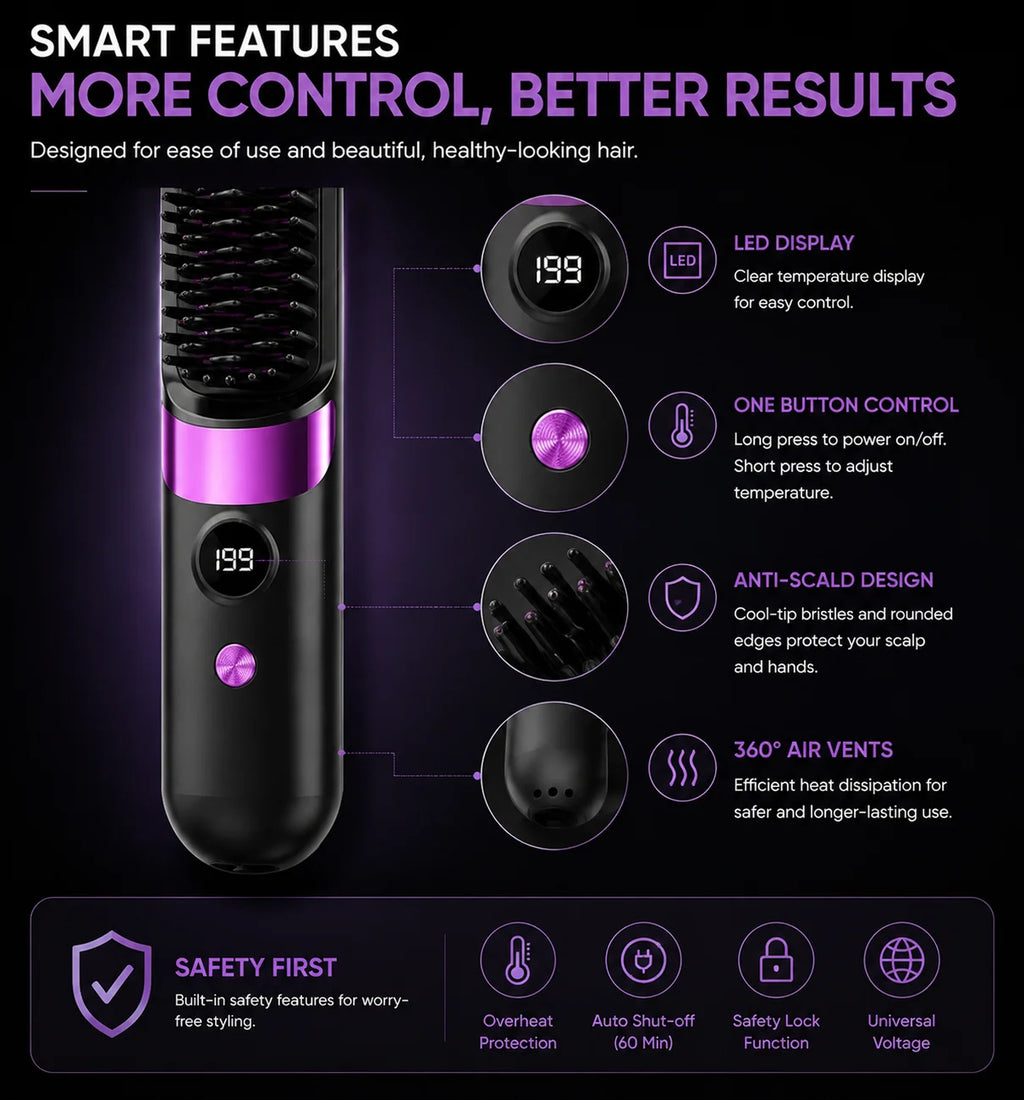 Portable Hair Straightener Brush USB Charging Cordless Hot Comb Ceramic Coating Ionic Anti Frizz Styling Tool