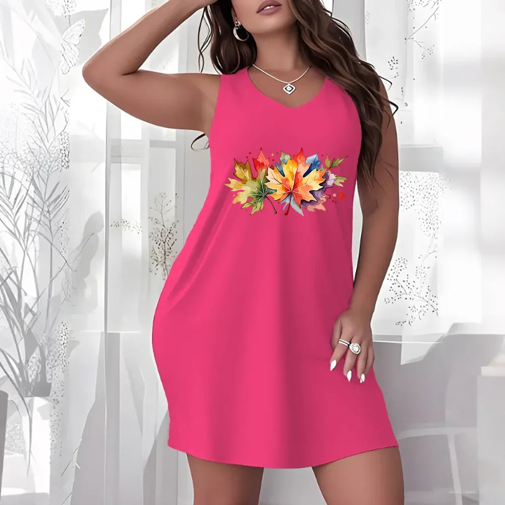 Autumn Fall Theme Women Plus Size Sleeveless Dress Maple Leaf Pumpkin Tree Heart Print Loose Casual Home Vacation Lounge Dress