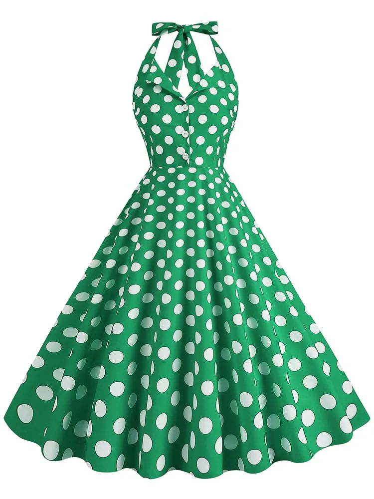 Sexy Retro Polka Dot Halter Dress Women Audrey Hepburn 50s 60s Vintage Gothic Pin Up Rockabilly Clothing