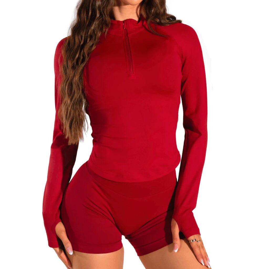 2026 2pcs Long Sleeve Yoga Set Women Half Zippy Jacket Longline Sports Top Gym Shorts Fitness Suits Running Coats Workout Set