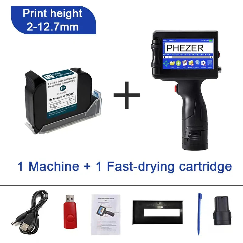 Phezer P15 Handheld Inkjet Printer 12.7mm QR Code Barcode Batch Code Date Number Logo Expiry Date Label Printer 28 Languages