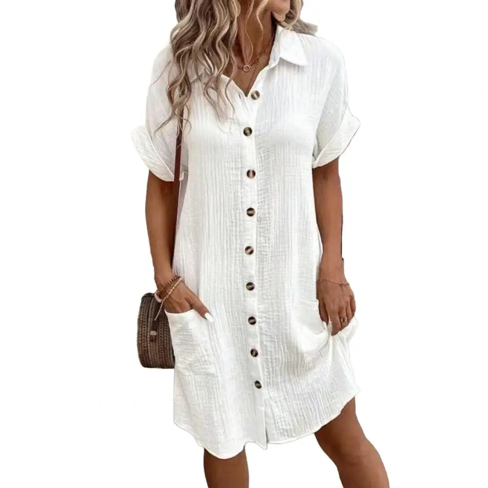 2026 Women's Cotton Linen Dress Casual Button Down V-neck Dress Summer Short Sleeve Beach Sundress Elegant Women Maxi Dress