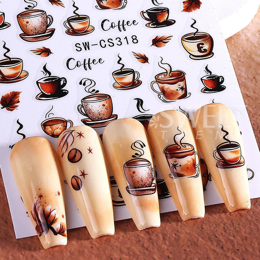 4pcs Autumn Winter Nail Art Stickers 3D Brown Maple Leaf Coffee Pattern Nail Decal Adhesive Slider Manicure Decorations Supplies