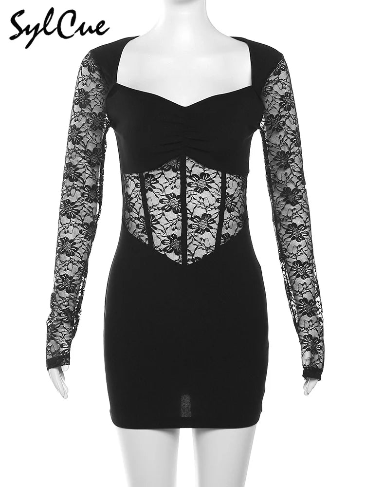 Sylcue Black Mysterious Sexy Lace Stitching Mature Beautiful Sweet Gentle Women'S Winter Long Sleeve Hip Short Dress