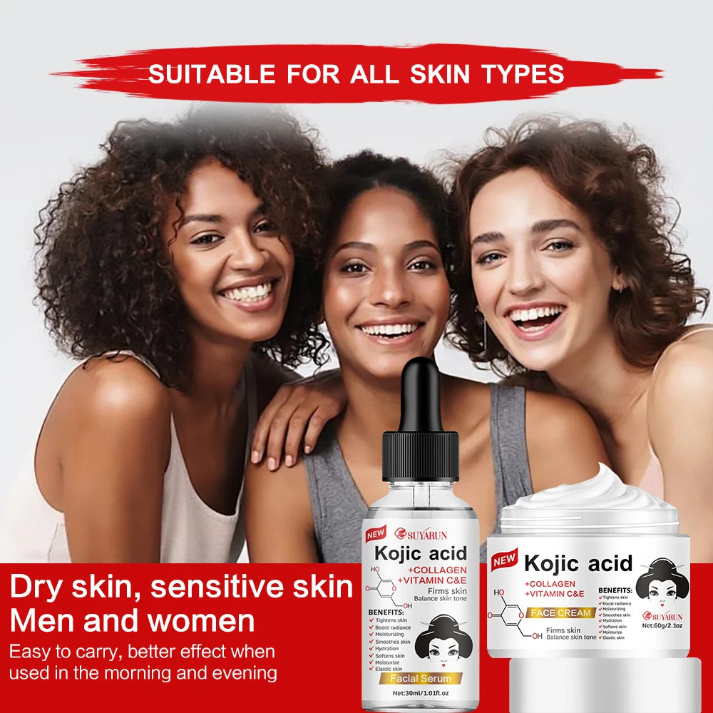 SUYARUN Kojic Acid Serum & Cream Bundle - Brightening Set for Dark Spots, Acne Scars, Anti-Aging | 2-in-1 Skincare Combo.