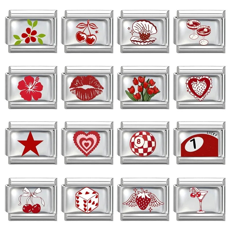 Fashion Red Series Heart Flower Bowknot Cherry Women Men Charm Link fit 9mm Stainless Steel Italian Bracelet Making DIY Jewelry