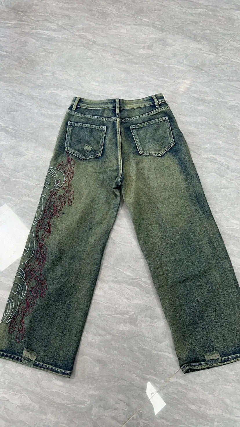Y2K American New Pattern Embroidery Baggy Jeans Couple Pants mid Waist Straight Leg Loose Fit Teenager Jeans Casual Trousers