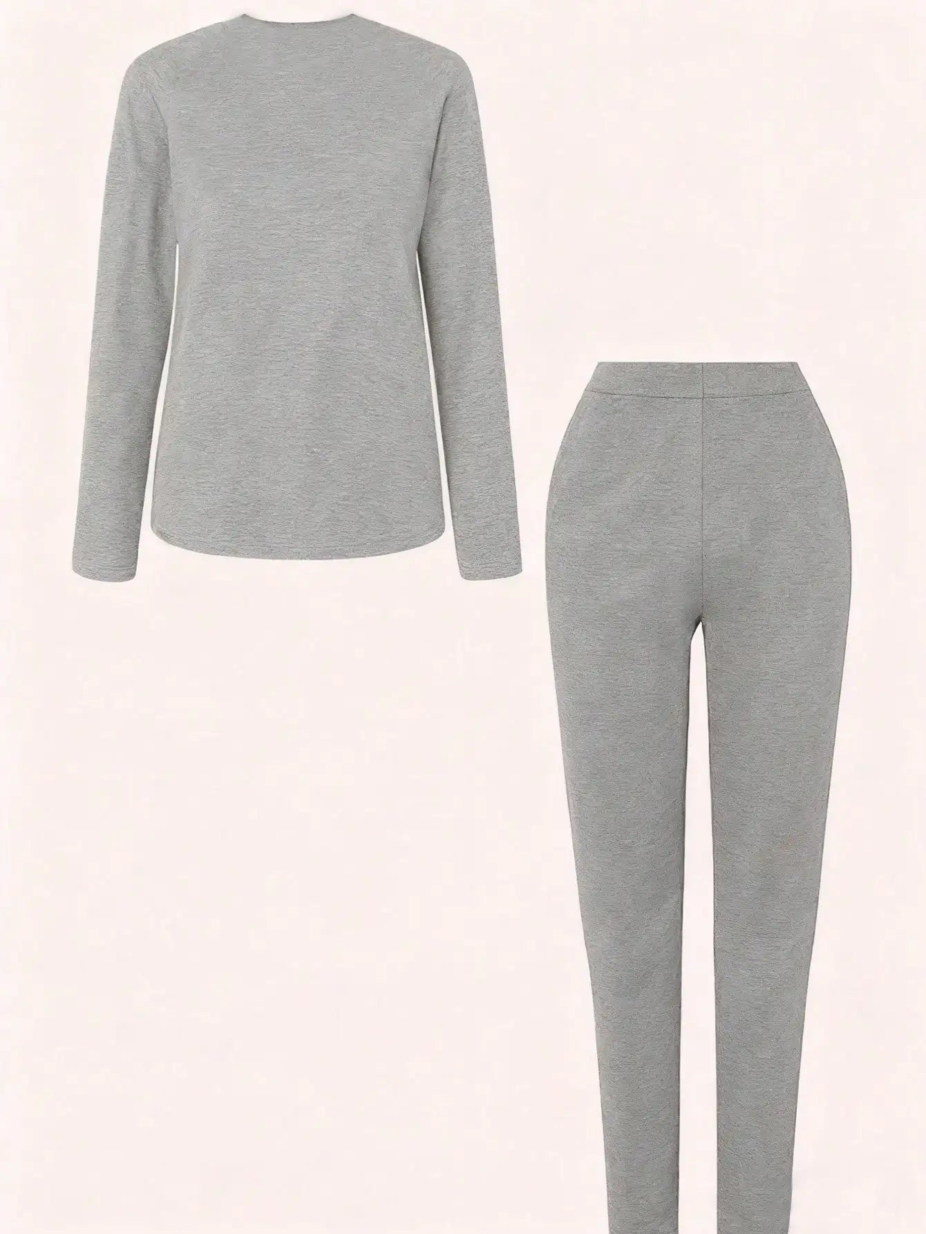 2026 Women's Casual Two Piece Set round Neck Long Sleeve Top Solid Color Printed Leg Tight Pants Outfit