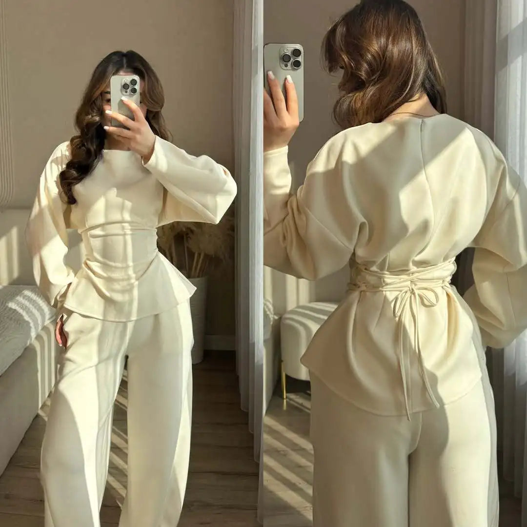 Women's 2 Piece Long Sleeve Top and Wide Leg Pants Set Casual Solid Color Pullover Sweatshirt and Trousers Lounge Wear Outfit