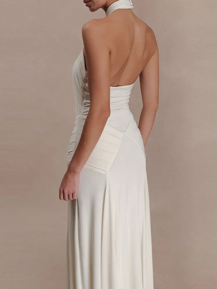 Elegant White Halter Neck Maxi Dress For Women Chic Backless Pleated Bodycon Long Vestidos 2026 Wedding Guest Evening Gown