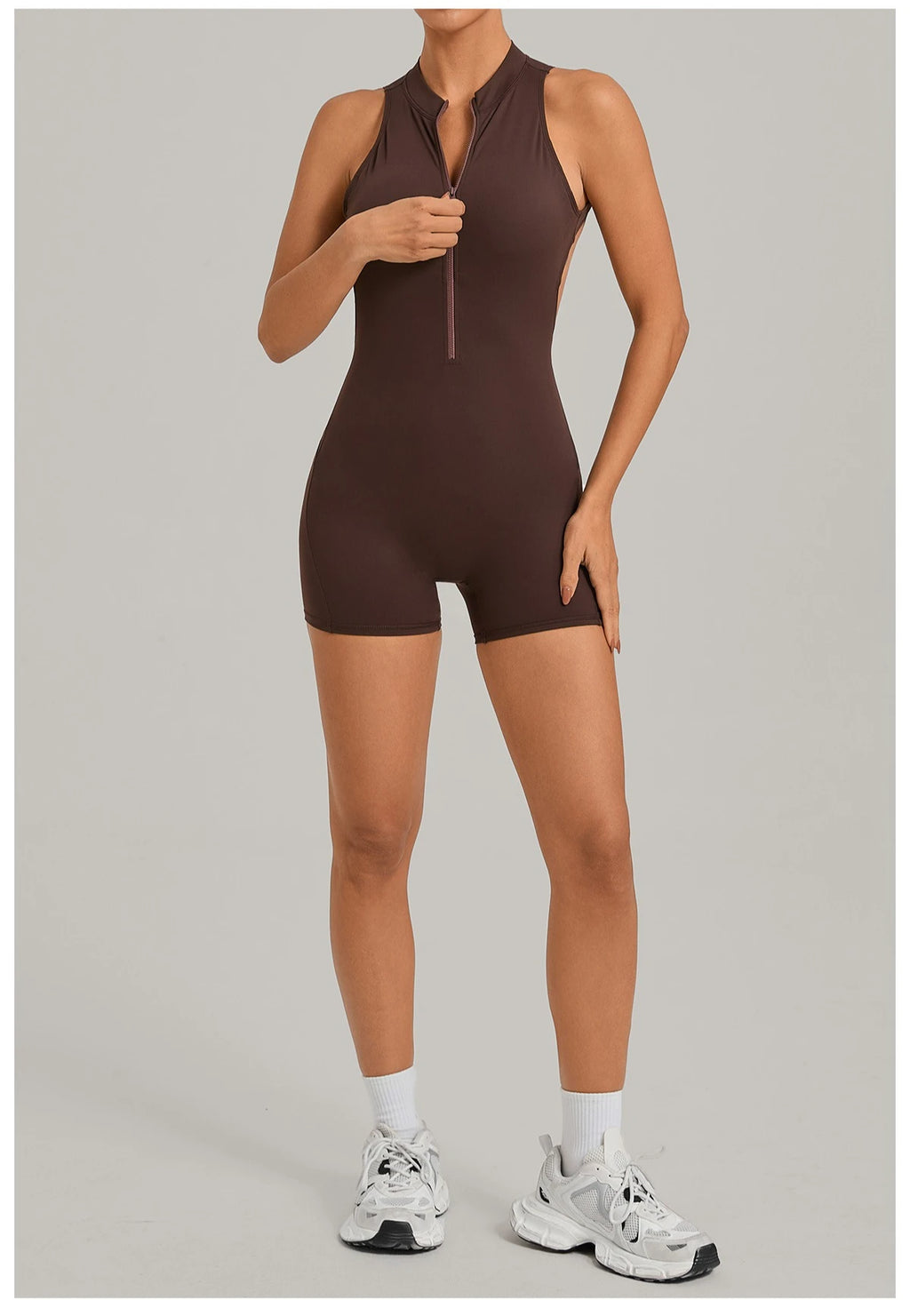 Sexy Hollow Backless Unitard Gym Women Romper Sleeveless Zipper Scrunch Butt Short Jumpsuit for Fitness Sports Short Playsuit