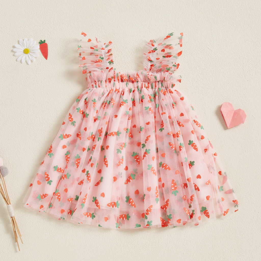Toddler Baby Girls Easter Tulle Dress Cute Carrot/Rabbit Print Ruffled Flying Sleeve Mesh Dress for Summer Casual Clothes