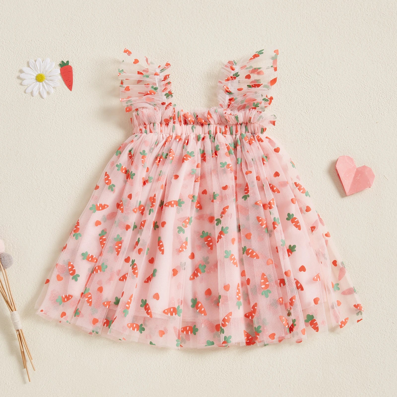 Toddler Baby Girls Easter Tulle Dress Cute Carrot/Rabbit Print Ruffled Flying Sleeve Mesh Dress for Summer Casual Clothes