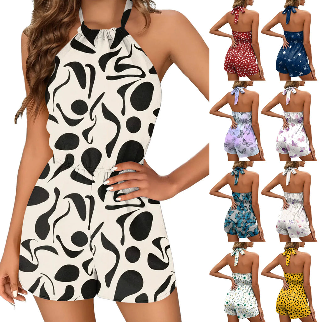Plus Size 5XL Women's Romper Boho Halter Print Beach Club Shorts Jumpsuits Sexy Backless Overalls Vacation Outfits Woman Clothes
