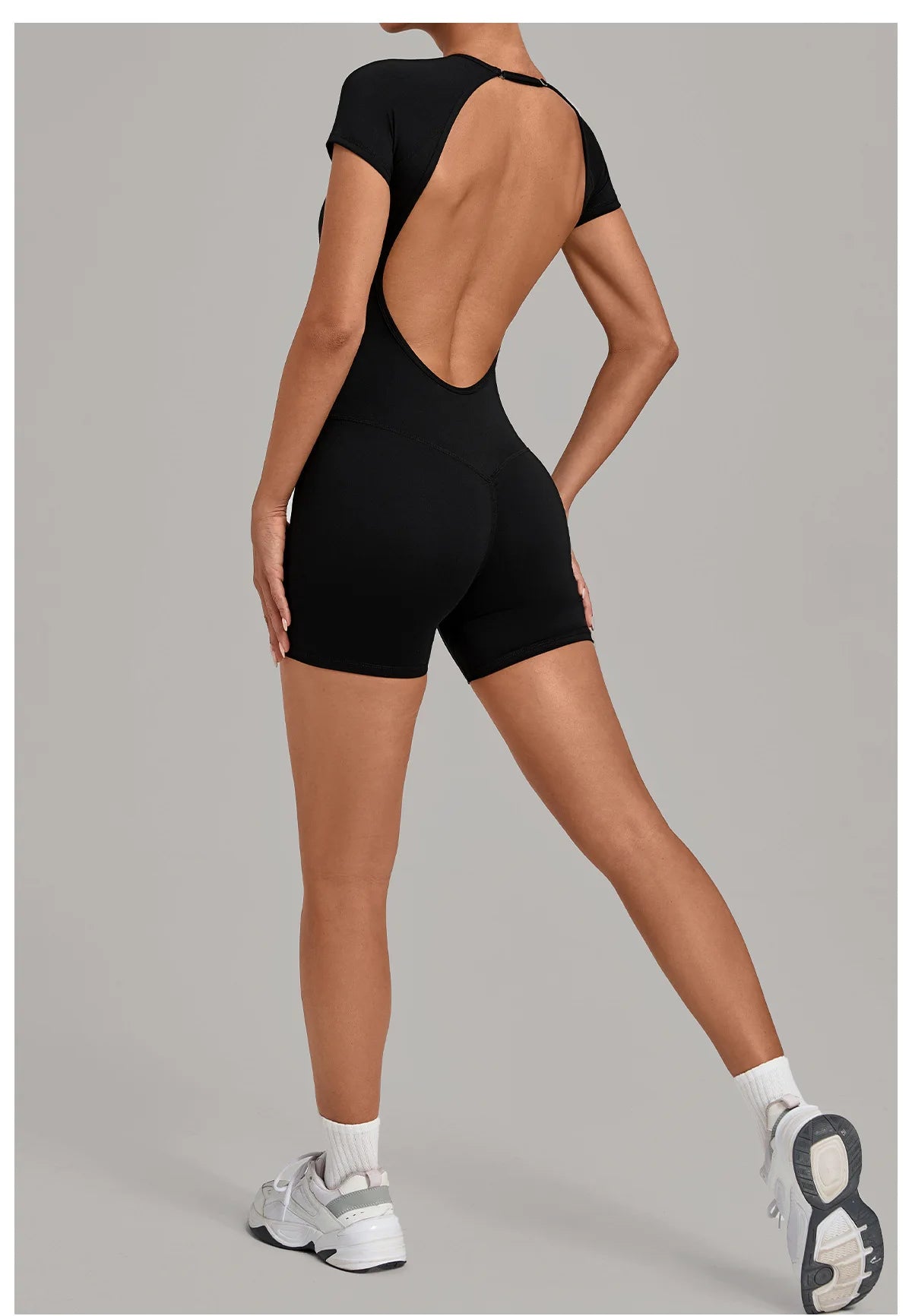 Women Short Sleeve Open Back Yoga Bodysuit Squat Proof Short Jumpsuit Gym Pilates Running Workout Fitness Sport Activewear