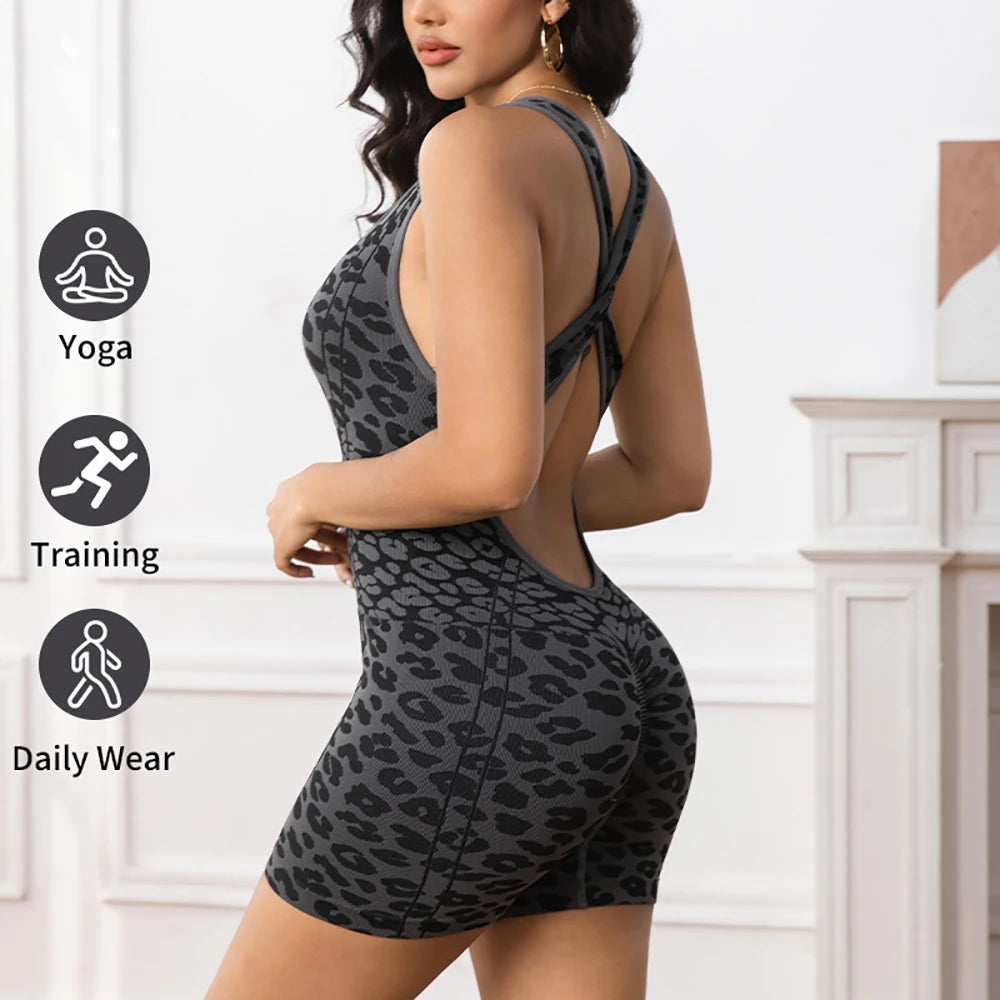 Women Leopard Print Seamless Bodysuit Yoga Cross Back Jumpsuit Workout Romper High Stretch Fitness Tummy Control Onesies