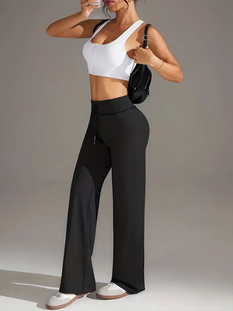 Womens Drawstring Straight Pants High Waist Wide Leg Yoga Trousers Breathable Loose Sweatpants For Fitness Running Casual Wear