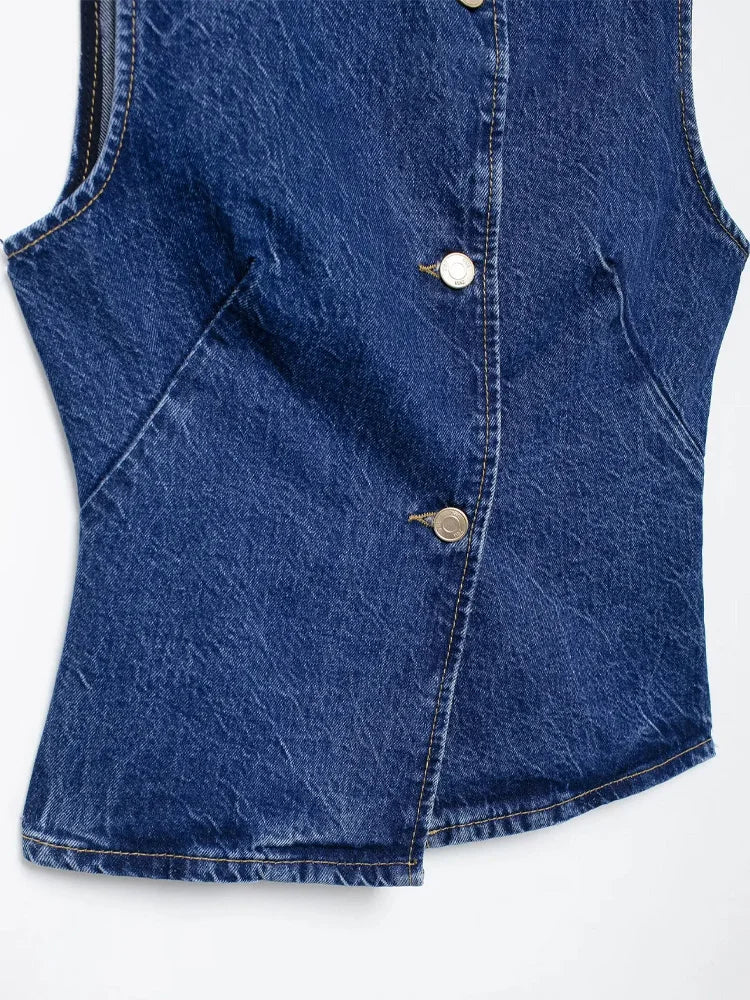 HH 2025 Summer Women Fashion Denim Trousers Set Solid Cropped Vest Top + Chain Lace Up Versatile Female Wide Leg Long Pant