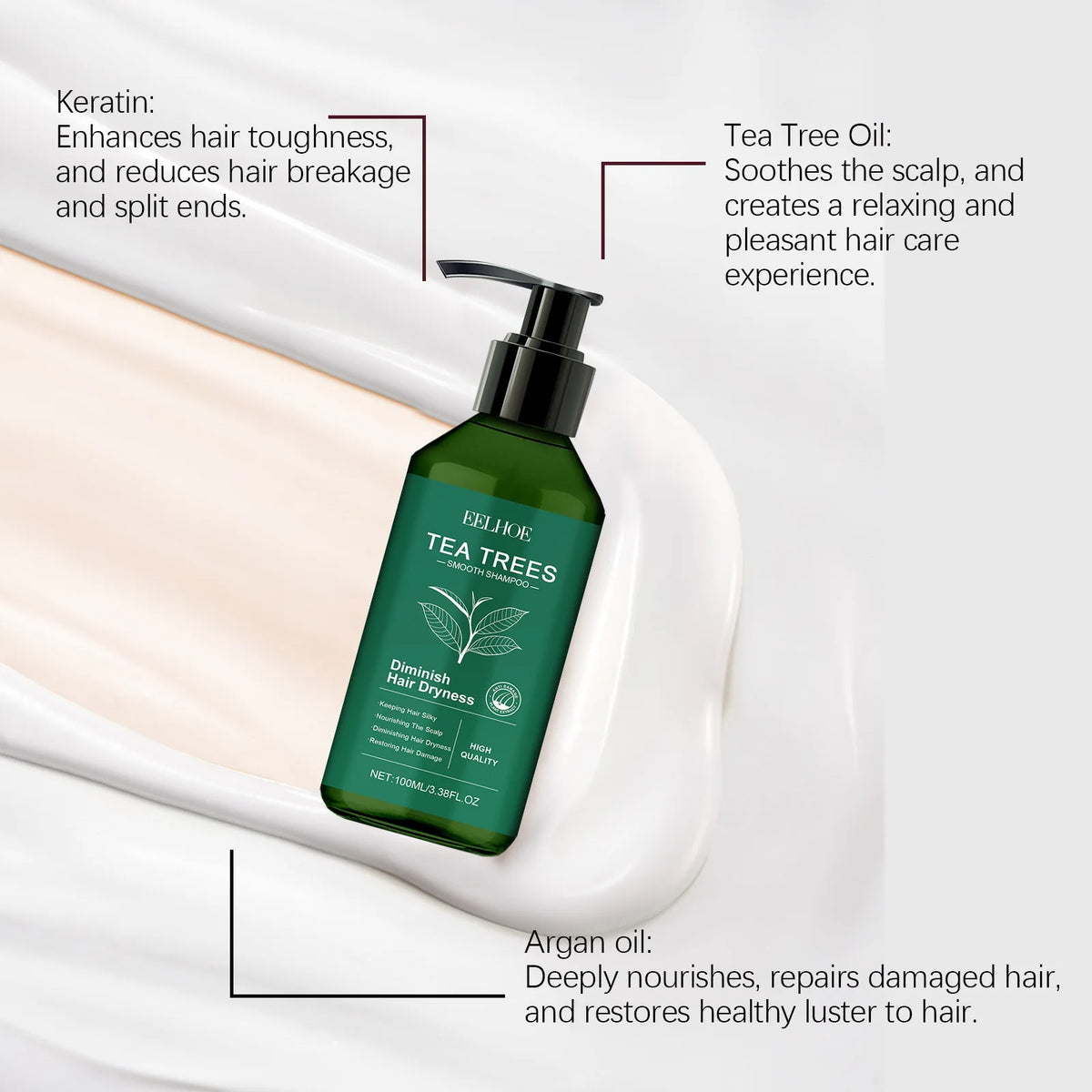 EELHOE Tea Trees Smooth Shampoo Deep Nourishing Anti Dryness Reduce Split Ends Oil Control Refreshing Mild Natural Shampoo 100ml