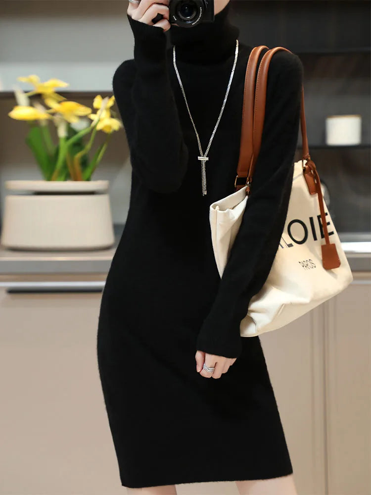 Elegant Cashmere Sweater Womens Dresses 100% Merino Wool Autumn Winter Turtleneck Knitted Dress Female Casual Long-Sleeve Skirts