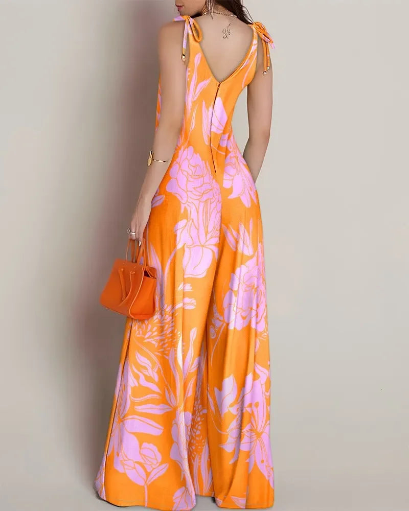 Summer European-style Printed V-neck Tie Jumpsuit, Pocket Vest, Wide-leg Jumpsuit