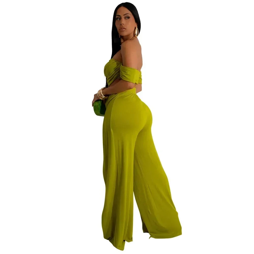 Women's Set Short Sleeve Slash Neck Ruched Tops and Wide Leg split Pants 2025 Street Two 2 Piece Sets Outfit Tracksuits