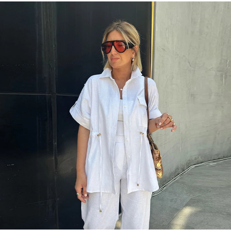 Casual Drawstring Shirt Pants Set Women Lapel Button Short Sleeve Pocket Loose Top Wide Leg Pants 2025 Chic Summer Women's Suit