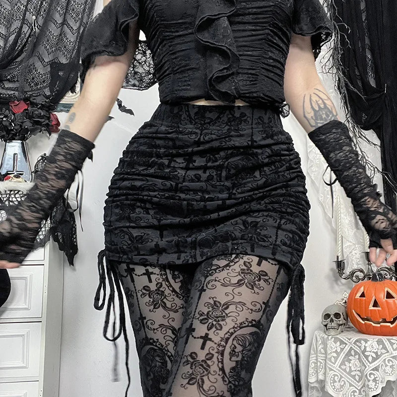 AltGoth Gothic Dark Flocking Pants Women Streetwear Aesthetic Emo Alt Grunge See Through Lace-up High Waist Flare Pants Female