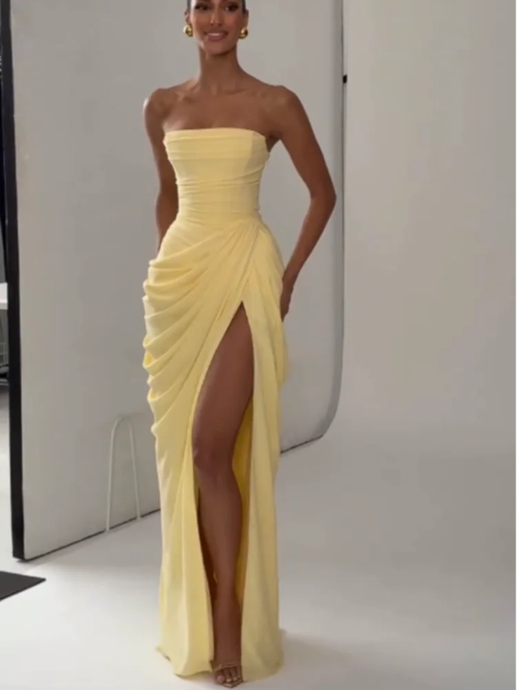 Women Sexy Solid Pleated Strapless Dress Lady Chic Off-shoulder Backless High Waist Split Dresses 2026 Summer Evening Party Gown