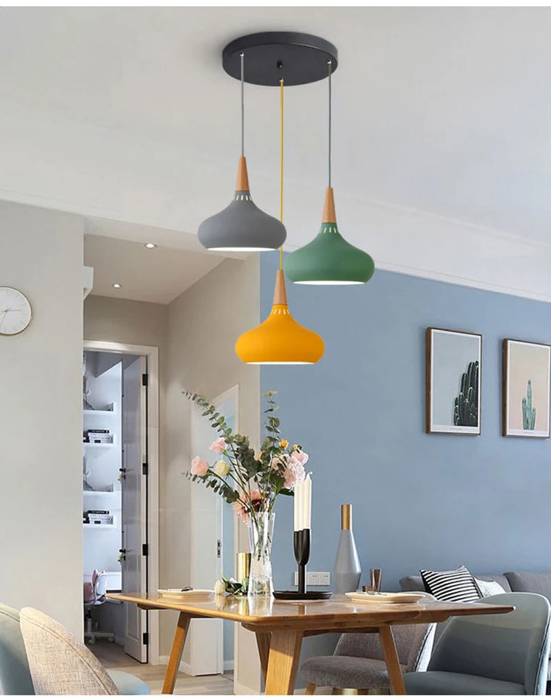 GEW Nordic Modern Funnel Pendant Light Wood Aluminum E27 Multi Color Hanging Lamp for Dining Kitchen Island Bedside