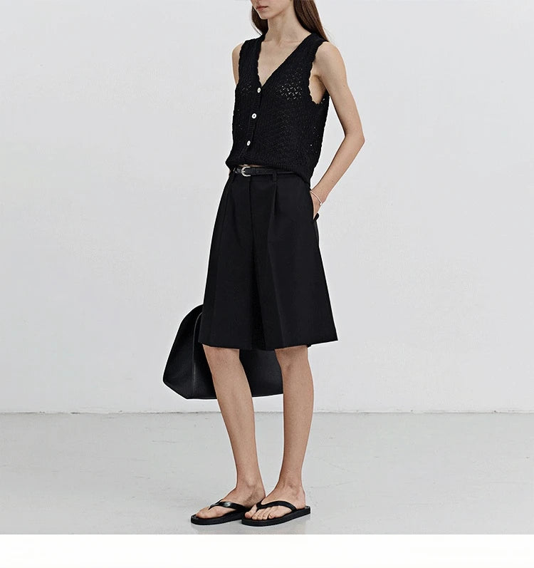 High Waist Suit Short Pants Women's Casual Loose Straight Leg Pants Summer Five Parts Outwear Comfortable Polyester Fiber