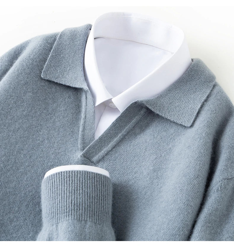 Autumn/Winter Men's 100% Pure Cashmere Pullover Business Casual Solid Knitted Sweater Loose Collar Tops Thick Warm Base Jumper