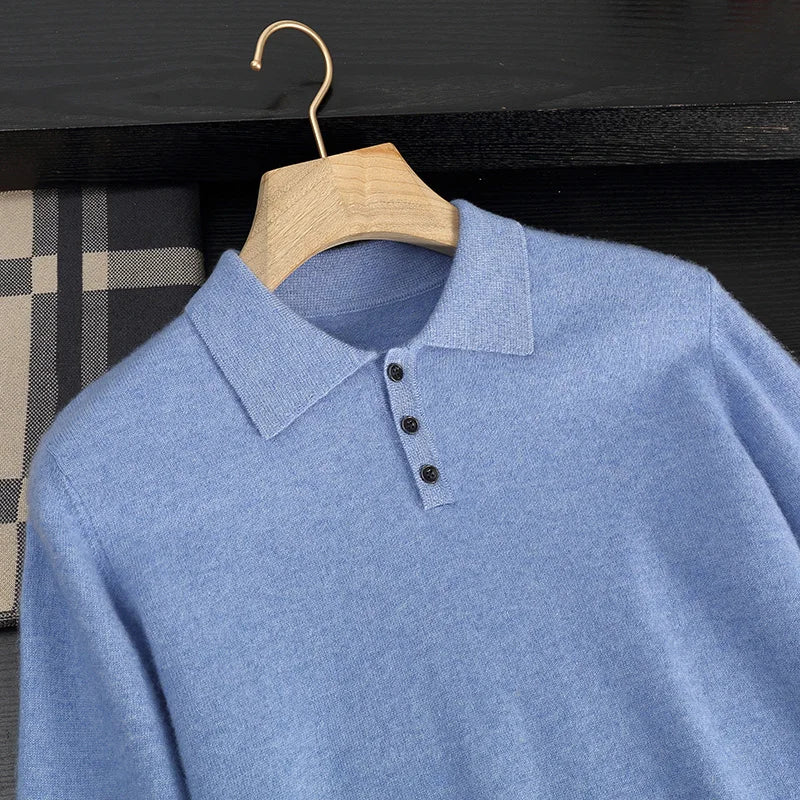 Autumn/Winter Men's 100% Cashmere Pullover Business Casual Solid Knitted Sweater Loose POLO Collar Tops Basic Thick Warm Jumper