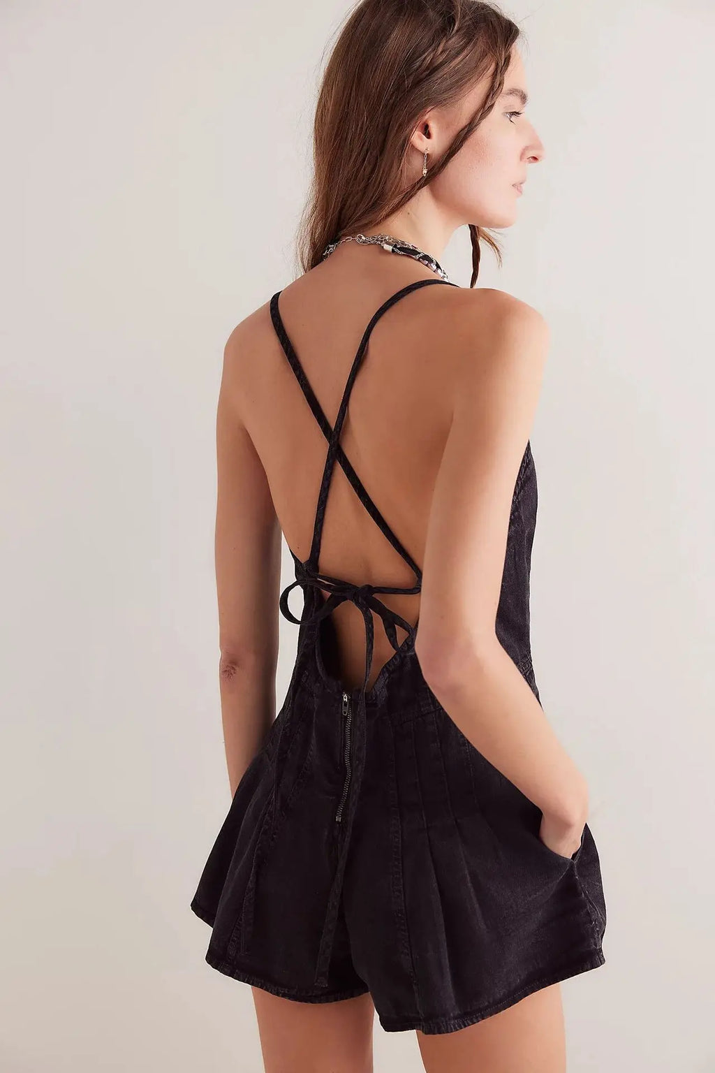 Summer Multi Colors Denim Playsuit Women Camisole Backless Lace-Up Loose Wide Legs Shorts Rompers Jumpsuit Jeans Sleeveless 6502