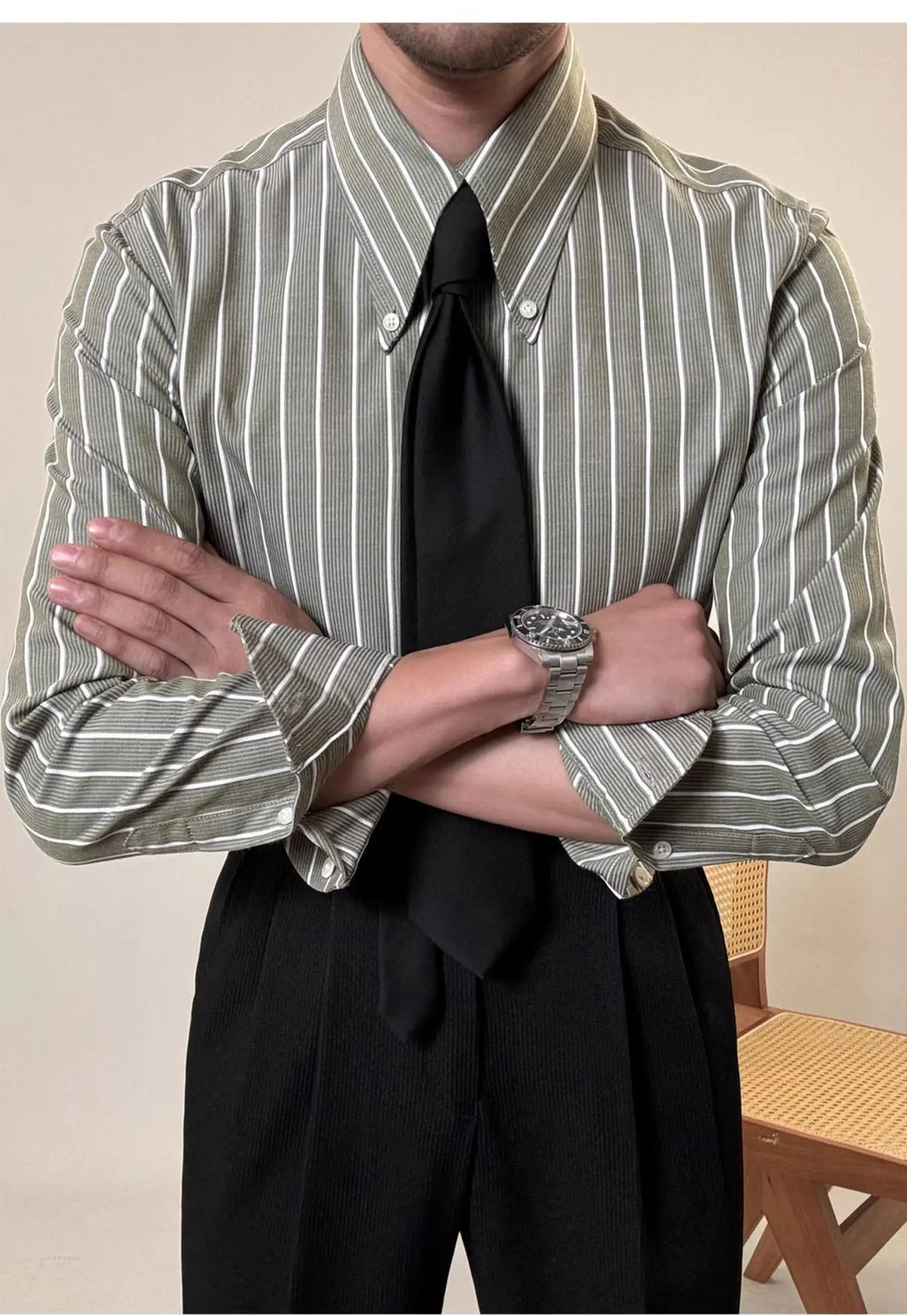 Anti-wrinkle Tianshan Cotton Italian Long Point Collar White Striped Shirt Men's Long Sleeve Casual Business Shirt